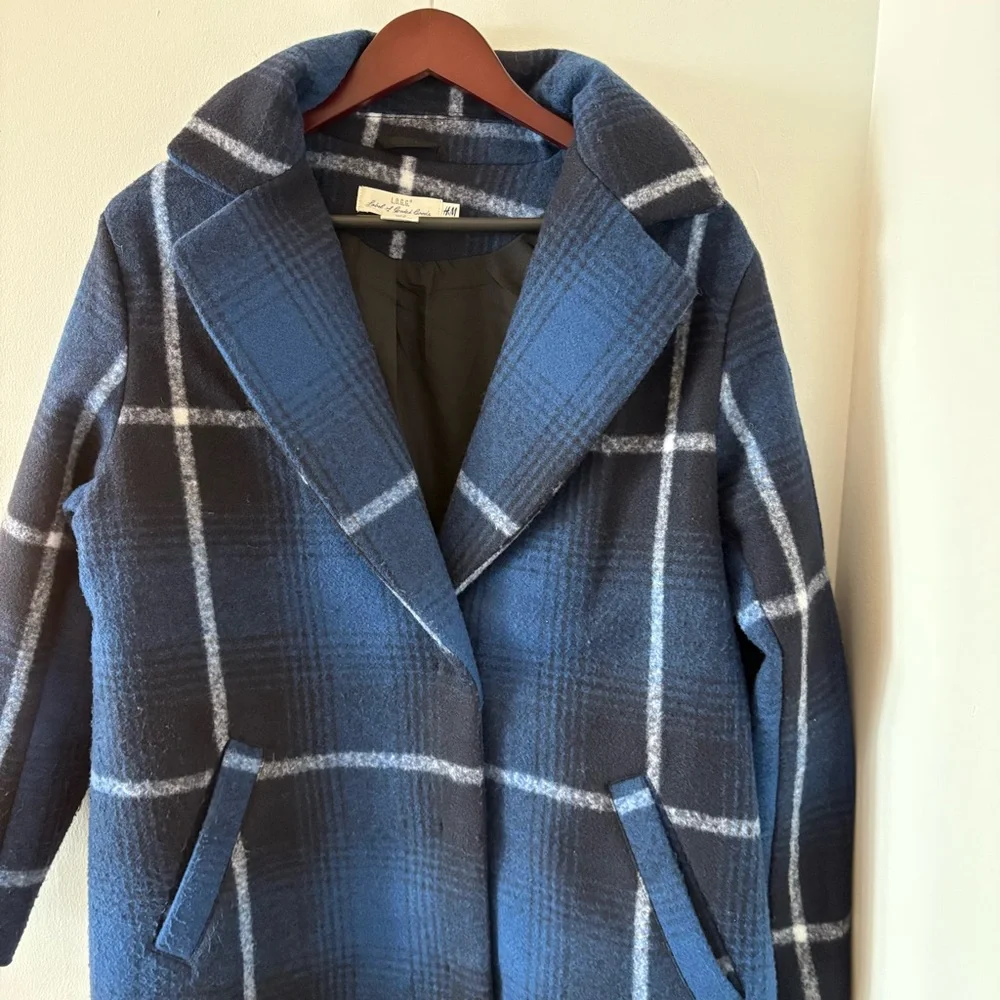 H&M Felted Oversized Coat Check Plaid Dark Blue Size M Bloggers' Favorite - Picture 7 of 15